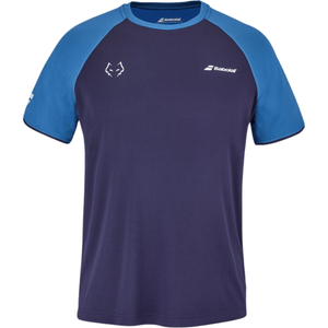Donkerblauw Babolat Crew Neck T-shirt Lebron Estate Blue met blauwe raglanmouwen en wit borstlogo