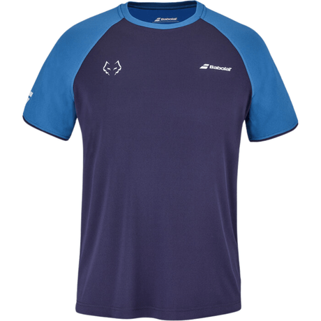 Donkerblauw Babolat Crew Neck T-shirt Lebron Estate Blue met blauwe raglanmouwen en wit borstlogo