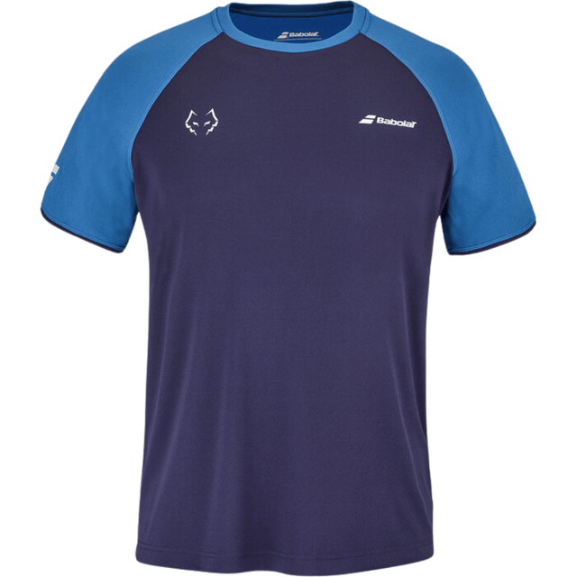 Donkerblauw Babolat Crew Neck T-shirt Lebron Estate Blue met blauwe raglanmouwen en wit borstlogo