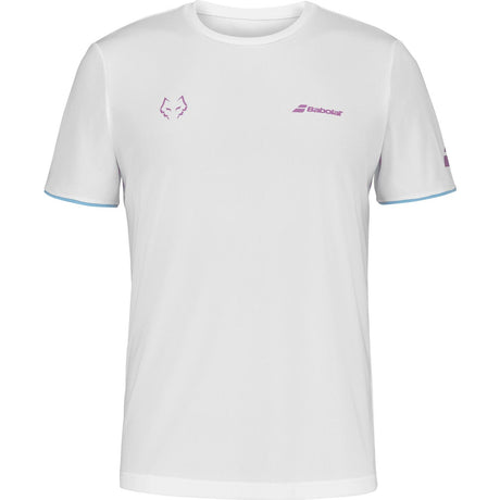 Wit Babolat Crew Neck T-shirt Lebron met lichtblauwe mouwboorden en roze logo op de borst