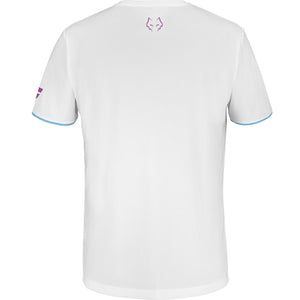 Achteraanzicht van het witte Babolat Crew Neck T-shirt Lebron met roze stierkop op de rug