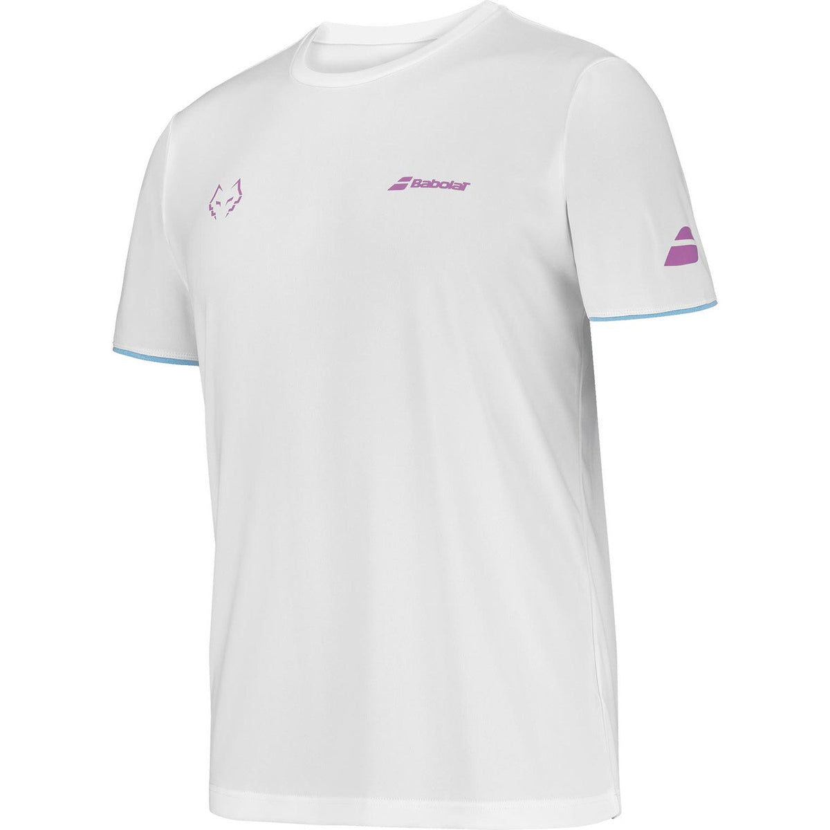 Schuin vooraanzicht van het witte Babolat Crew Neck T-shirt Lebron met paarse mouwopdruk
