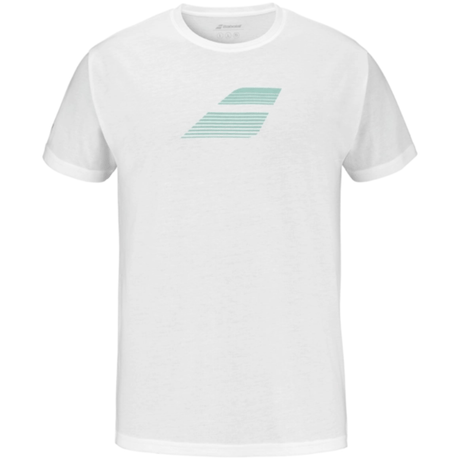 Wit Babolat Exercise Big Flag T-shirt met groen-blauw vlaglogo op de borst, vooraanzicht