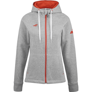 Grijs gemeleerd Babolat Exercise Hood Jacket voor dames met rode capuchonvoering en rits