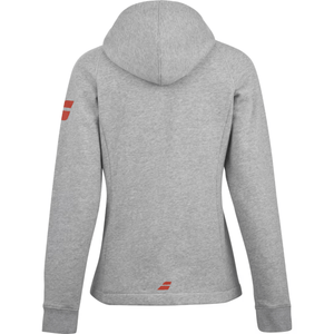 Achterzijde van het grijze Babolat Exercise Hood Jacket W met capuchon en logo onderaan