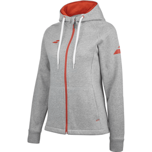 Schuin vooraanzicht van het grijze Babolat Exercise Hood Jacket W met rode ritssluiting