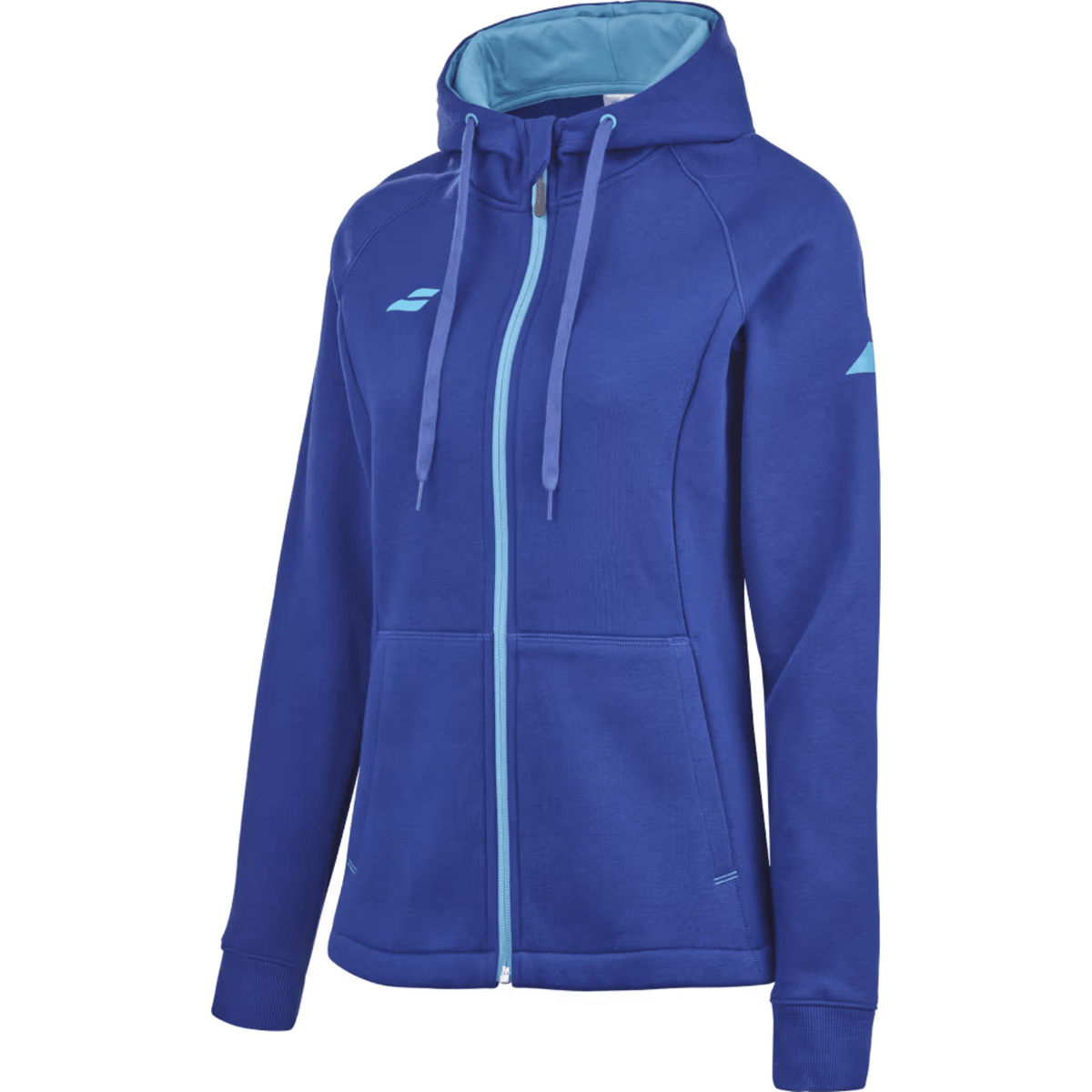 Schuin vooraanzicht van het blauwe Babolat Exercise Hood Jacket W met lichtblauwe rits