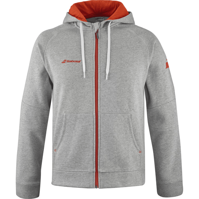 Grijs gemeleerd Babolat Exercise Hood Jacket met rode capuchonvoering en rode ritssluiting