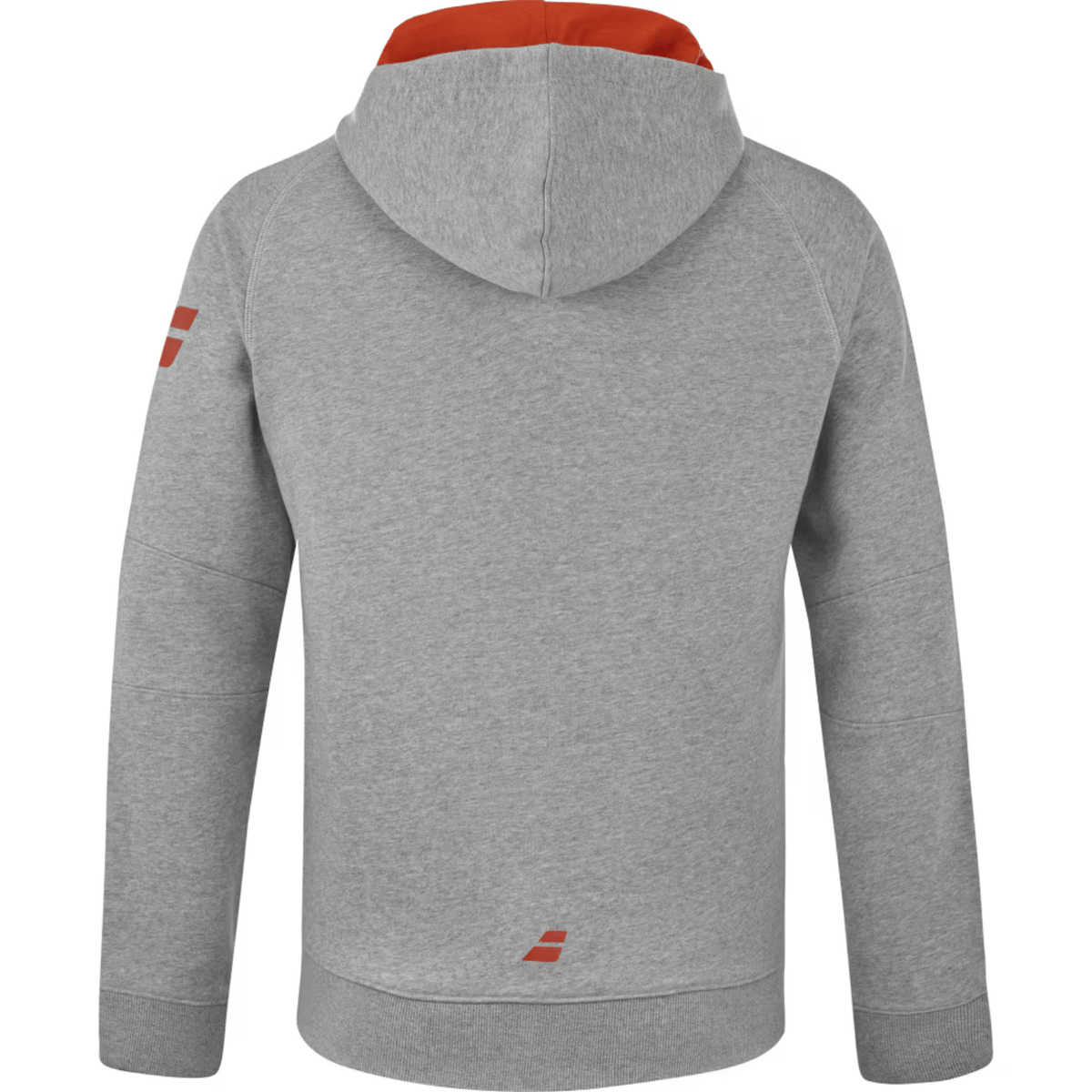 Achterzijde van het grijze Babolat Exercise Hood Jacket met capuchon en logo onderaan