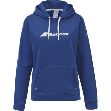 Blauwe Babolat Exercise Hood Sweat voor dames met wit logo, capuchon en buikzak