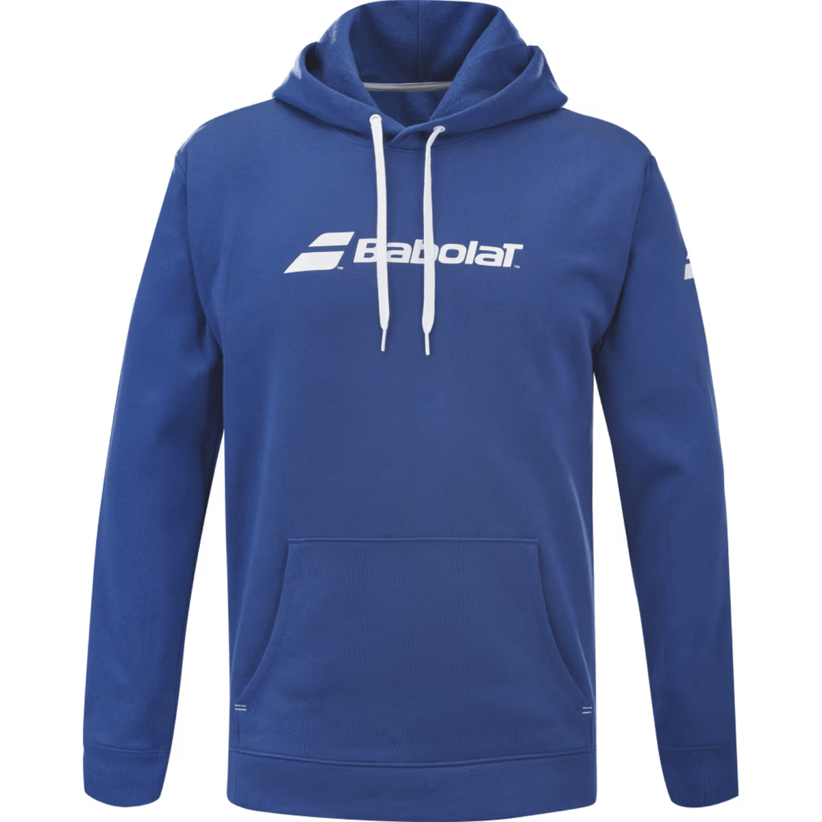 Blauwe Babolat Exercise Hood Sweat met capuchon, wit Babolat-logo op de borst en buikzak