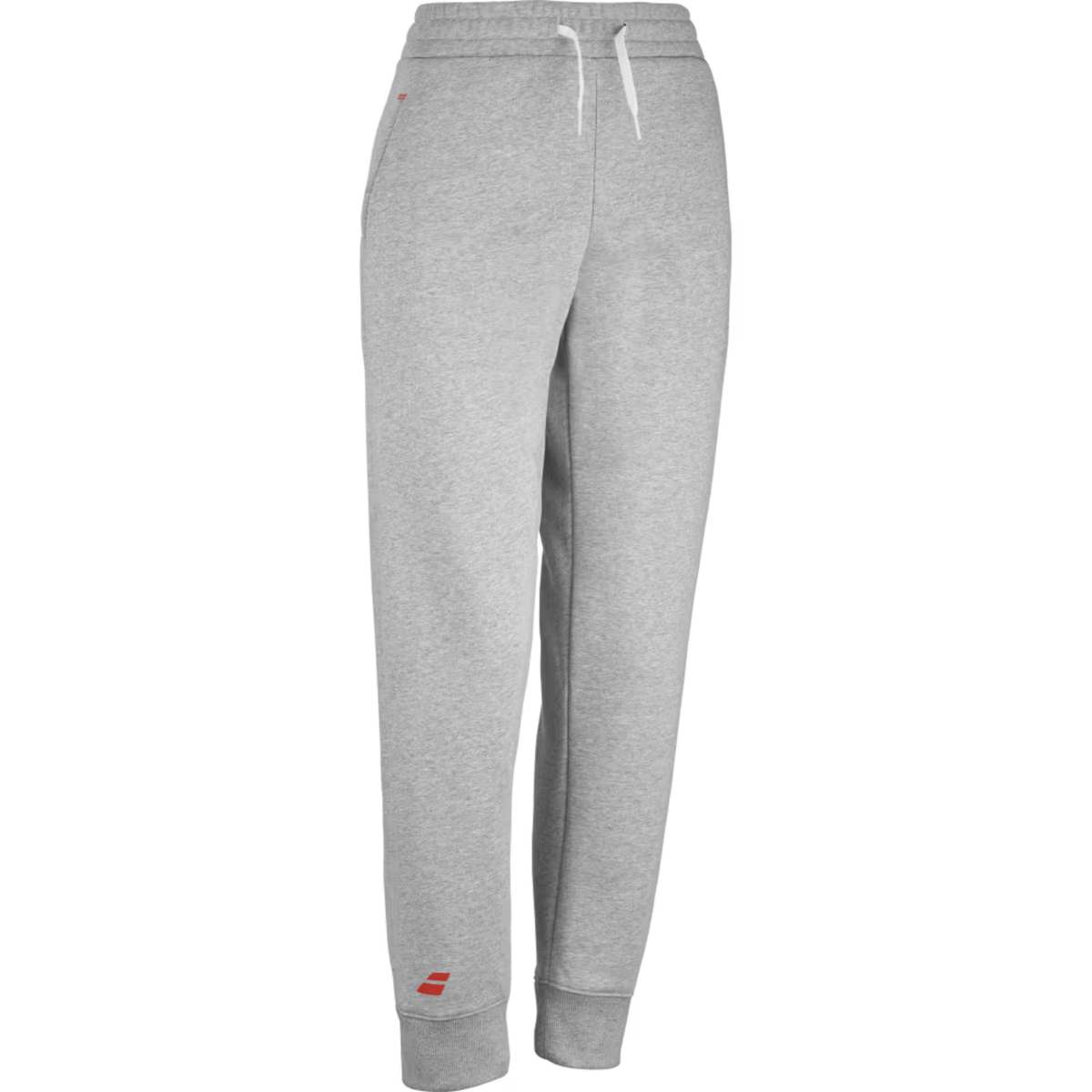 Schuin vooraanzicht van de grijze Babolat Exercise Jogger Pant W met trekkoord in de taille