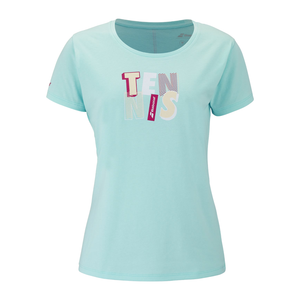 Babolat Exercise T-shirt voor dames in lichtblauw met tennisprint, vooraanzicht