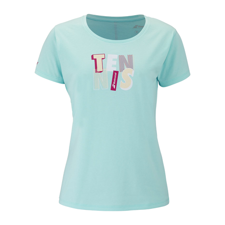 Babolat Exercise T-shirt voor dames in lichtblauw met tennisprint, vooraanzicht