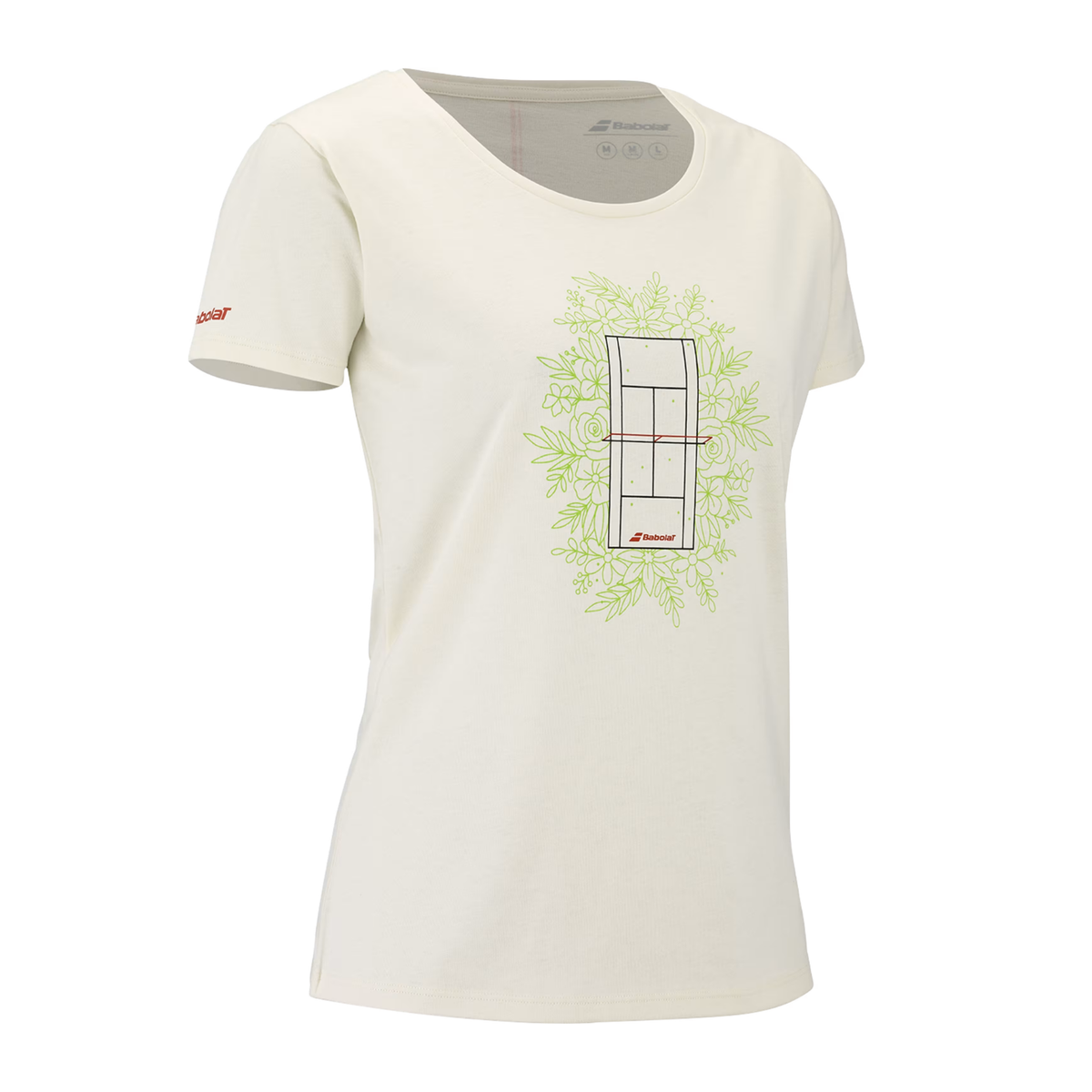 Schuin zijaanzicht van het gebroken witte Babolat Exercise T-shirt