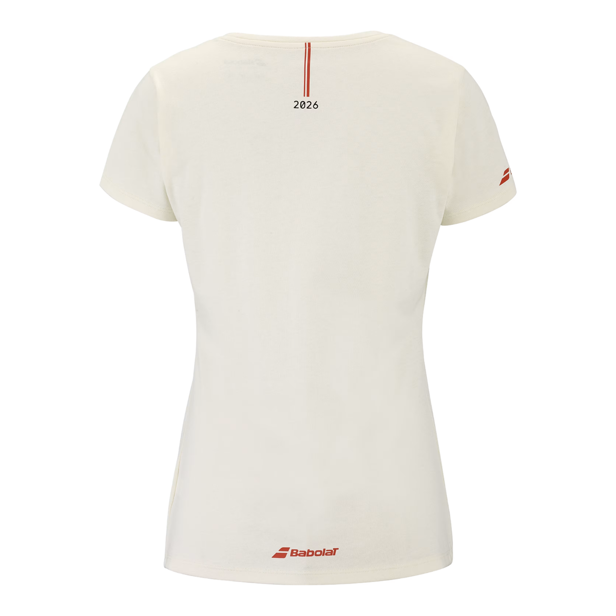 Achterzijde van het gebroken witte Babolat Exercise T-shirt met logo