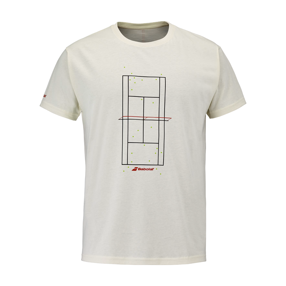 Babolat Exercise T-shirt in gebroken wit met tennisbaanprint, vooraanzicht
