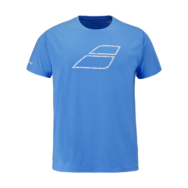 Blauw Babolat Exercise Message Tee met witte tennisbaanprint, vooraanzicht
