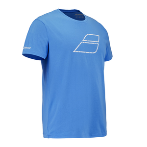 Schuin zijaanzicht van het blauwe Babolat Exercise T-shirt met baanprint