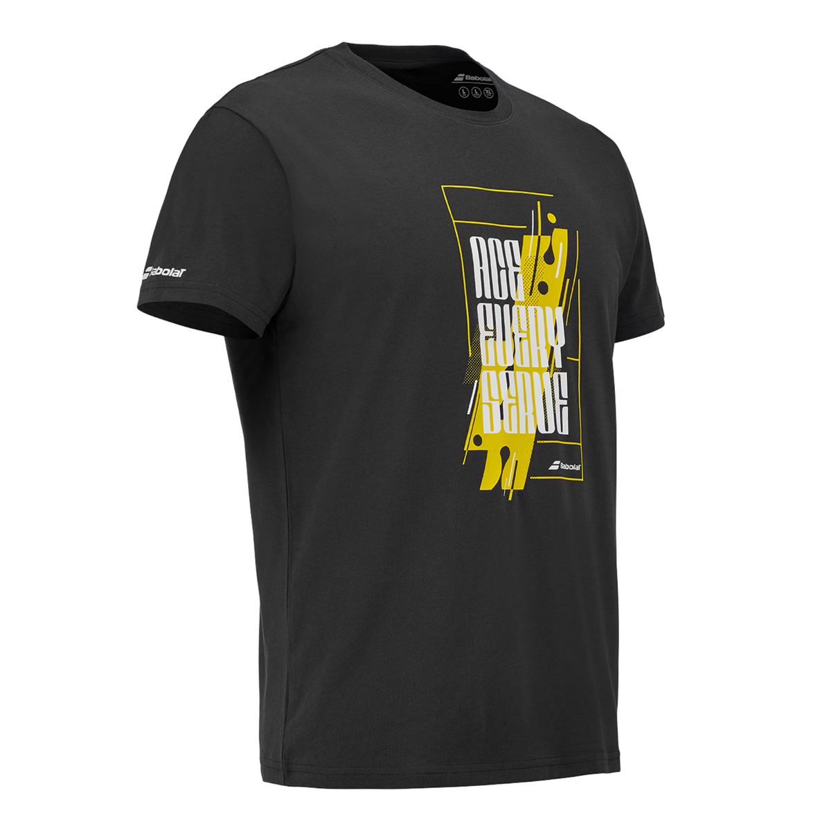 Schuin zijaanzicht van het zwarte Babolat Exercise T-shirt met gele print