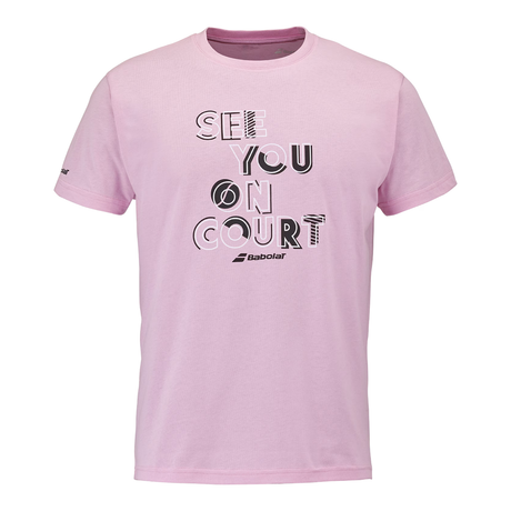 Babolat Exercise T-shirt in roze met tekstprint, plat vooraanzicht