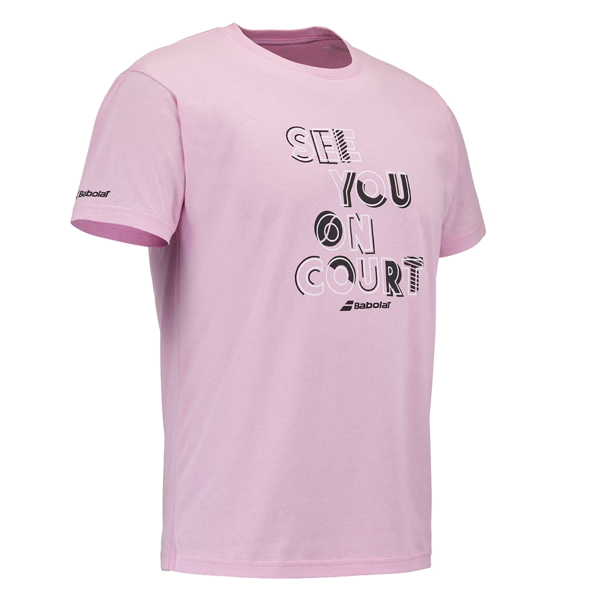 Schuin zijaanzicht van het roze Babolat Exercise T-shirt met tekstprint