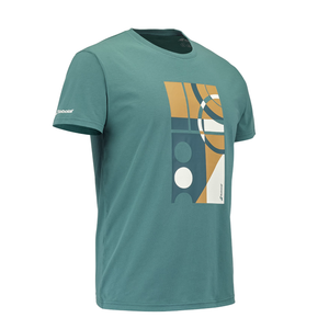Schuin zijaanzicht van het groene Babolat Exercise T-shirt met print