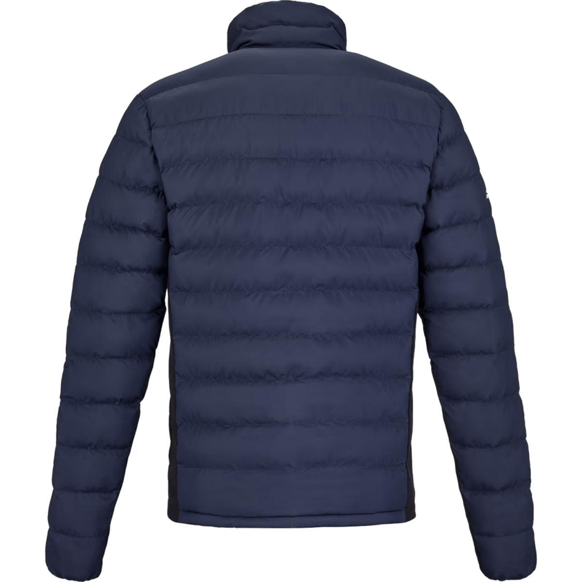 Achterzijde van het donkerblauwe Babolat Exercise Padded Jacket met opstaande kraag