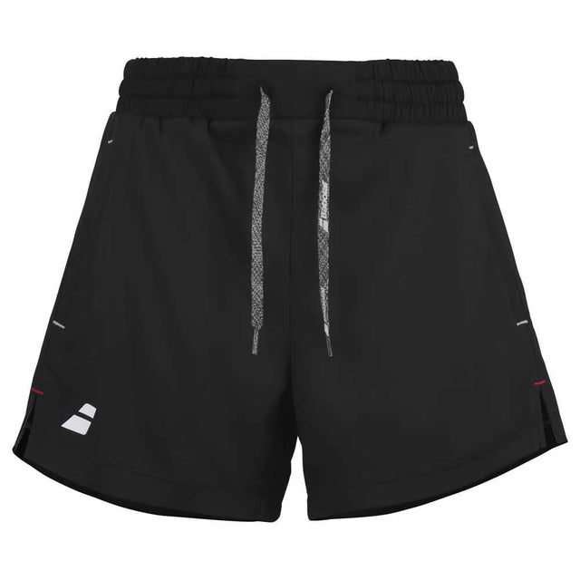 Zwarte Babolat Exercise Short voor dames met trekkoord in de taille en logo op de pijp