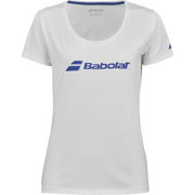 Wit Babolat Exercise T-shirt voor dames met blauw logo op de borst en ronde hals