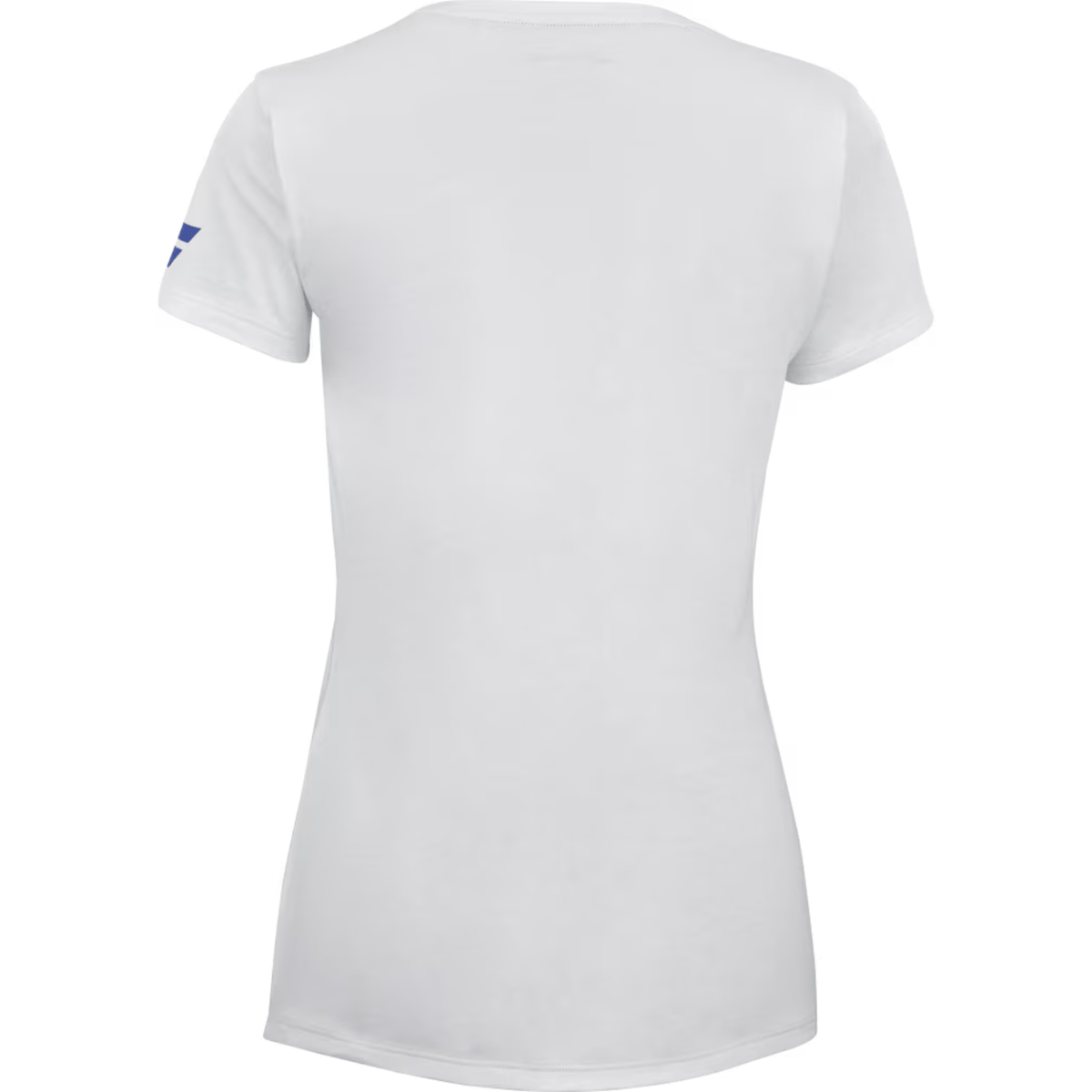 Achterzijde van het witte Babolat Exercise T-shirt W met blauw logo op de mouw