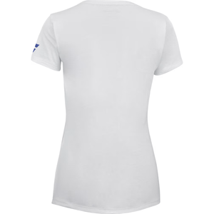 Achterzijde van het witte Babolat Exercise T-shirt W met blauw logo op de mouw