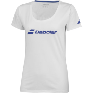 Schuin vooraanzicht van het witte Babolat Exercise T-shirt W met blauwe halsbies