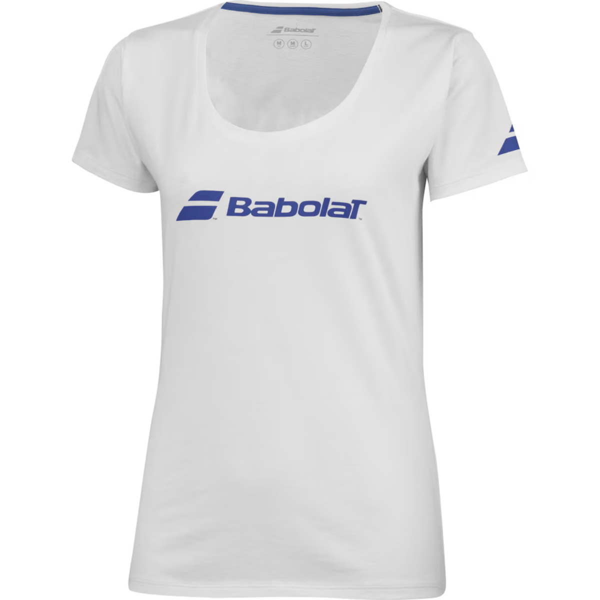 Schuin vooraanzicht van het witte Babolat Exercise T-shirt W met blauwe halsbies