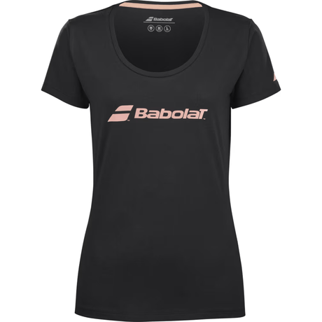Zwart Babolat Exercise T-shirt voor dames met roze Babolat-logo op de borst, vooraanzicht