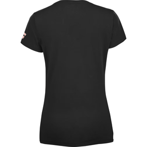 Achterzijde van het zwarte Babolat Exercise T-shirt W met roze logo op de mouw