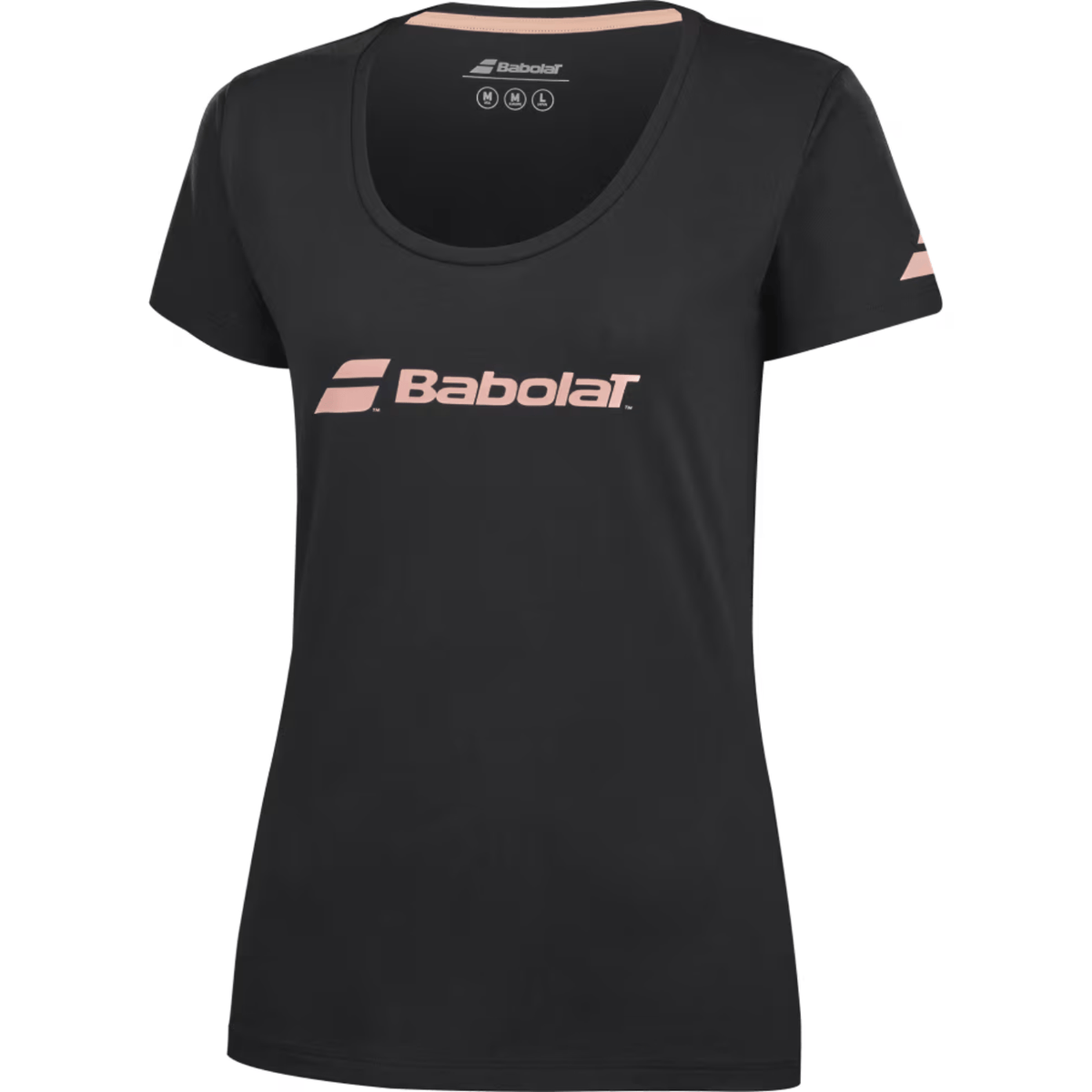 Schuin vooraanzicht van het zwarte Babolat Exercise T-shirt W met korte mouwen
