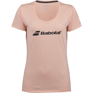 Perzikroze Babolat Exercise T-shirt voor dames met donkerblauw Babolat-logo op de borst