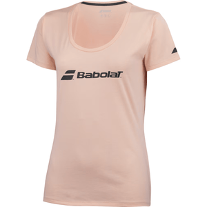 Schuin vooraanzicht van het roze Babolat Exercise T-shirt W met ronde halsuitsnijding