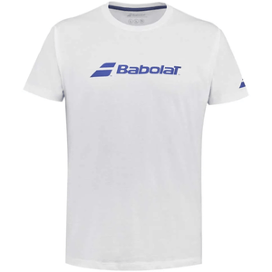 Wit Babolat Exercise T-shirt met blauw Babolat-logo op de borst, vooraanzicht