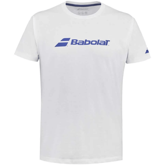 Wit Babolat Exercise T-shirt met blauw Babolat-logo op de borst, vooraanzicht