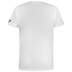 Achterzijde van het witte Babolat Exercise T-shirt met blauw logo op de mouw