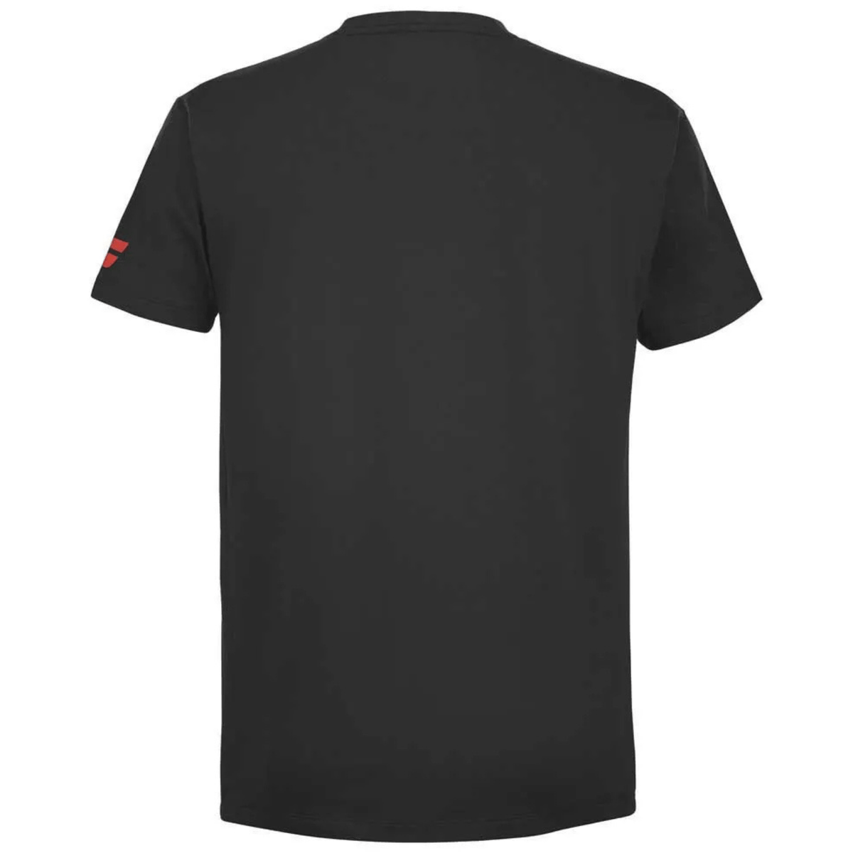 Achterzijde van het zwarte Babolat Exercise T-shirt met rood logo op de mouw