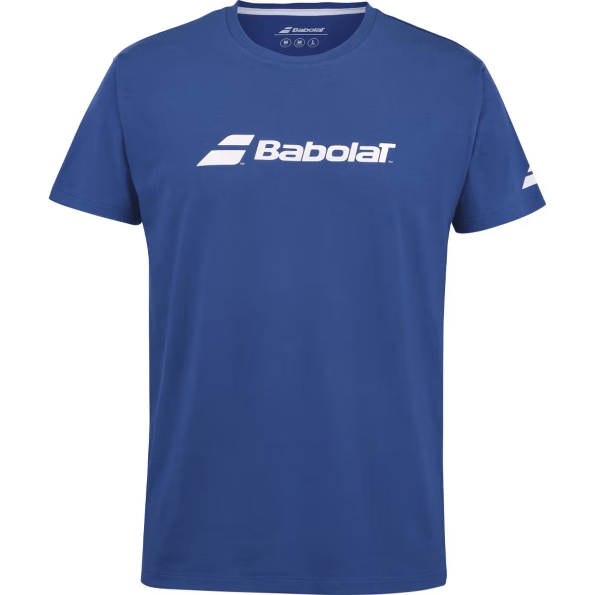 Blauw Babolat Exercise T-shirt met wit Babolat-logo op de borst, vooraanzicht
