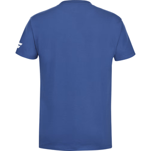 Achterzijde van het blauwe Babolat Exercise T-shirt met wit logo op de mouw