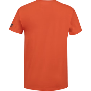 Achterzijde van het oranjerode Babolat Exercise T-shirt met logo op de mouw
