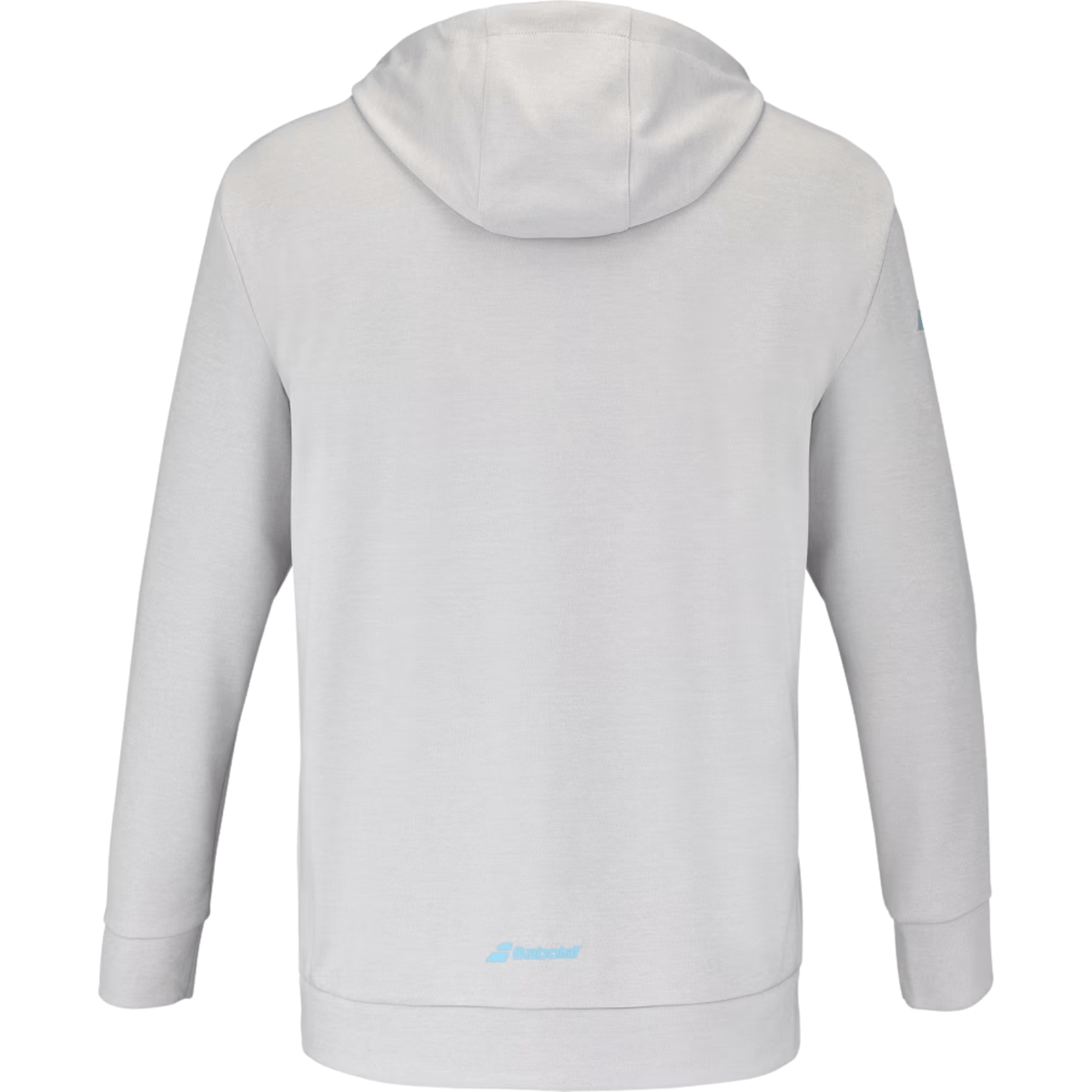 Achterzijde van de lichtgrijze Babolat Hood Sweat Lebron met capuchon en klein logo