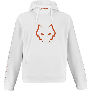 Babolat Lebron hoodie voor heren in wit met oranje wolfprint, vooraanzicht