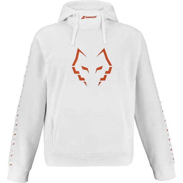 Babolat Lebron hoodie voor heren in wit met oranje wolfprint, vooraanzicht