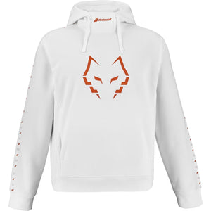 Witte Babolat Hoodie Sweat Lebron met oranje wolvenkop op de borst, vooraanzicht
